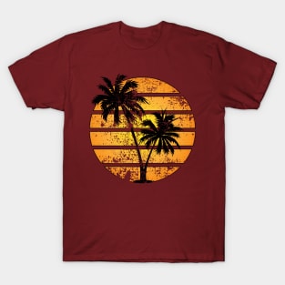 Distressed Worn Print 80s Retro Palm Tree Sunset Silhouette T-Shirt